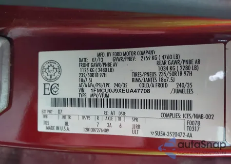 2014 Ford Escape Titanium из США, поврежденный, VIN 1FMCU0J9XEUA47708